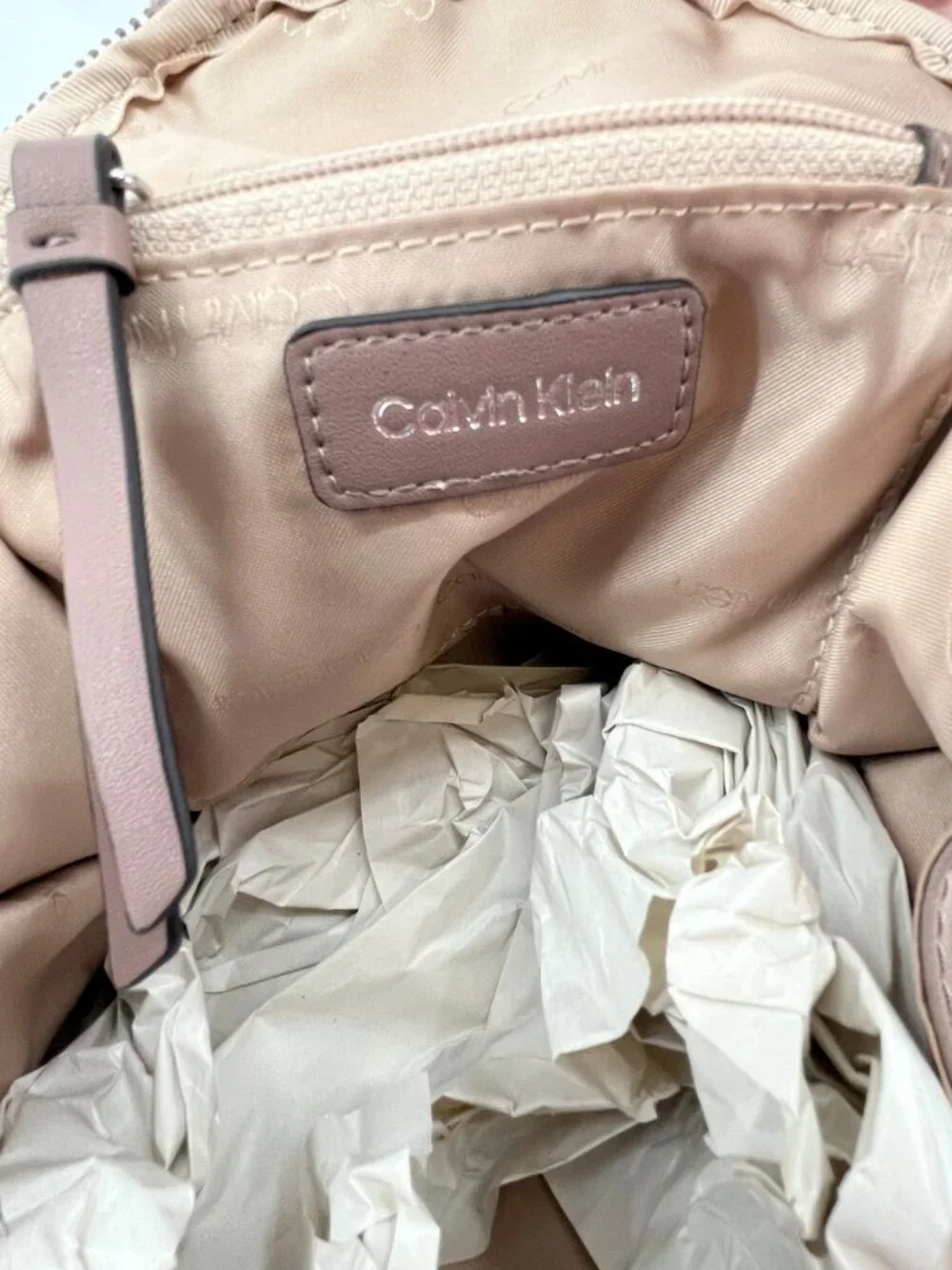 Calvin Klein Shay Mini Backpack Taupe Nylon Zip Buckle Front Pockets Adjustable